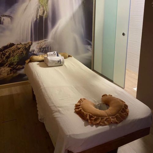 Single treatment room with waterfall mural